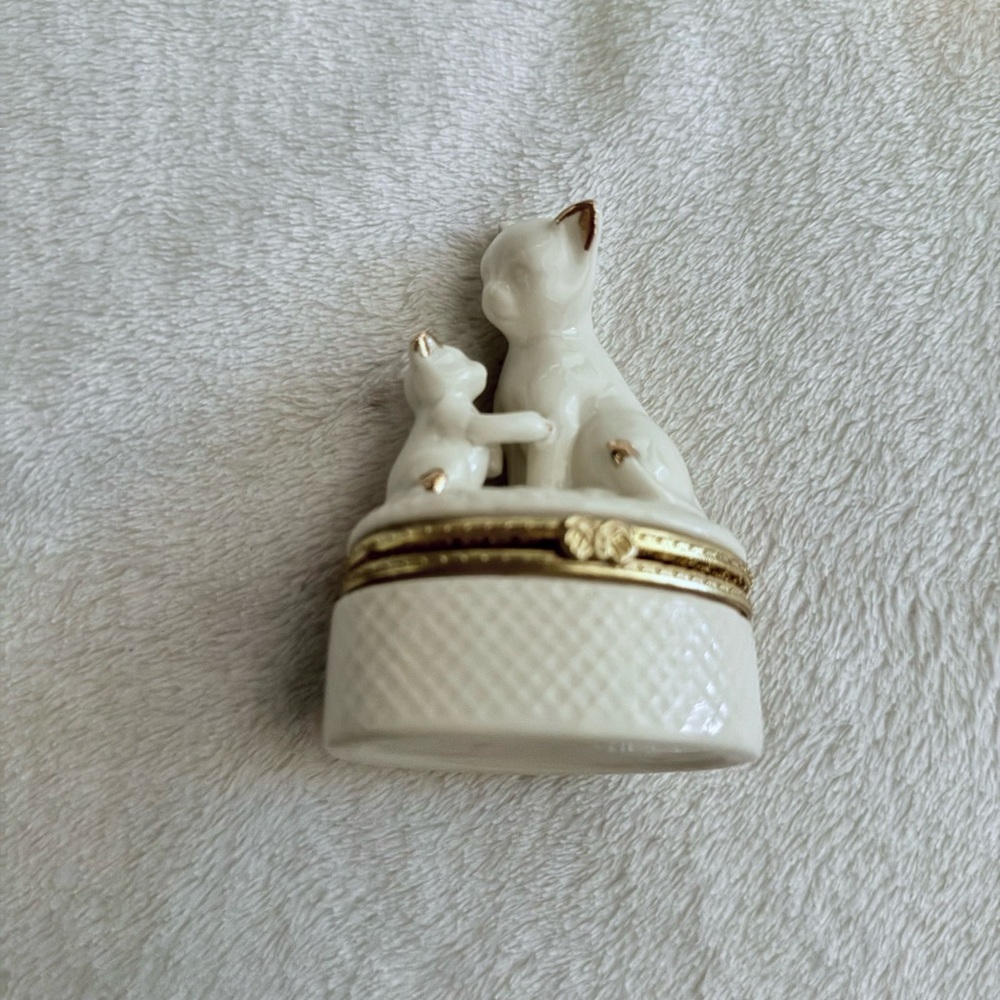 Porcelain Cat Trinket Box with Gold Accents